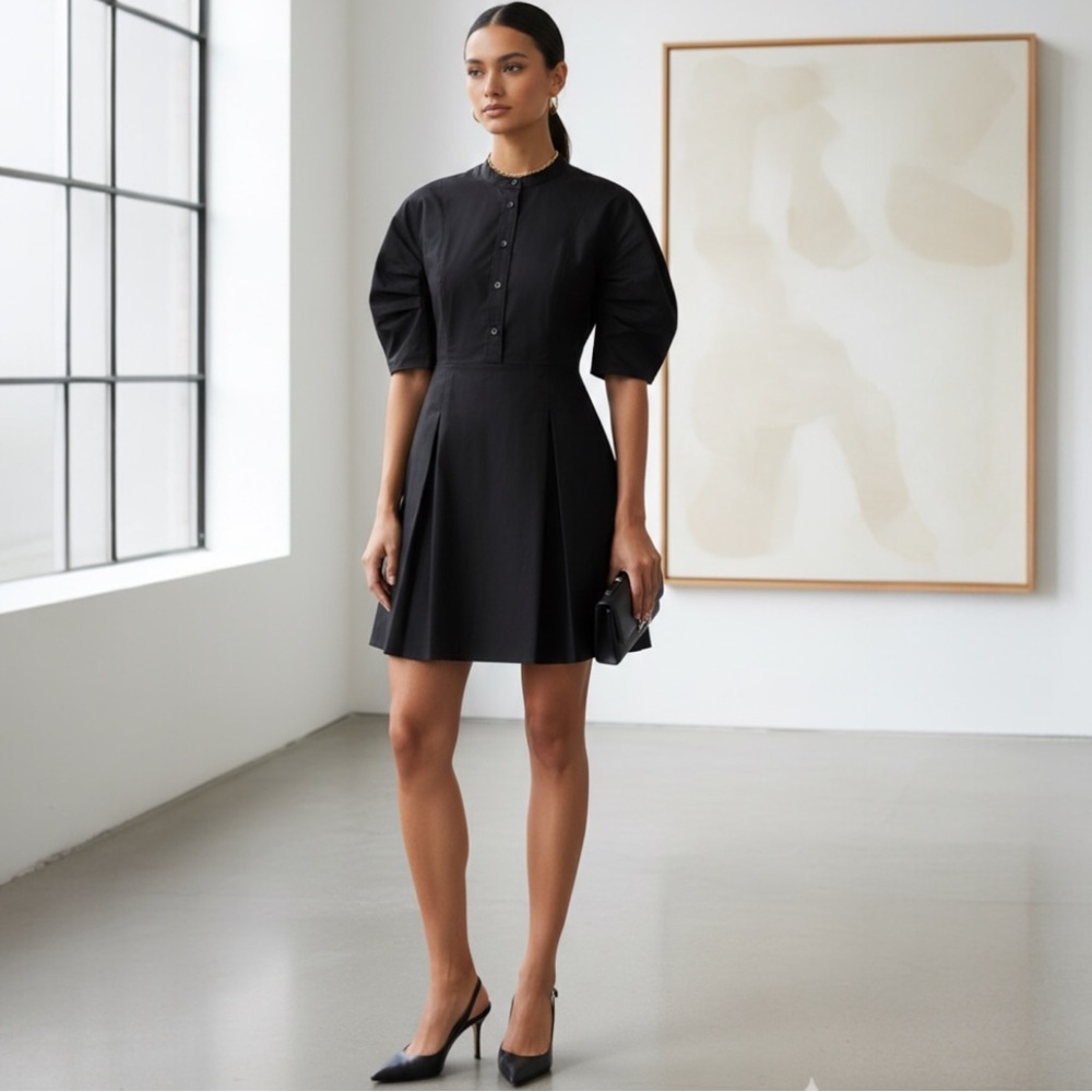 Frame Pleated Cotton Poplin Blouson‎ Mini Dress in Black Puff Sleeve A-Line